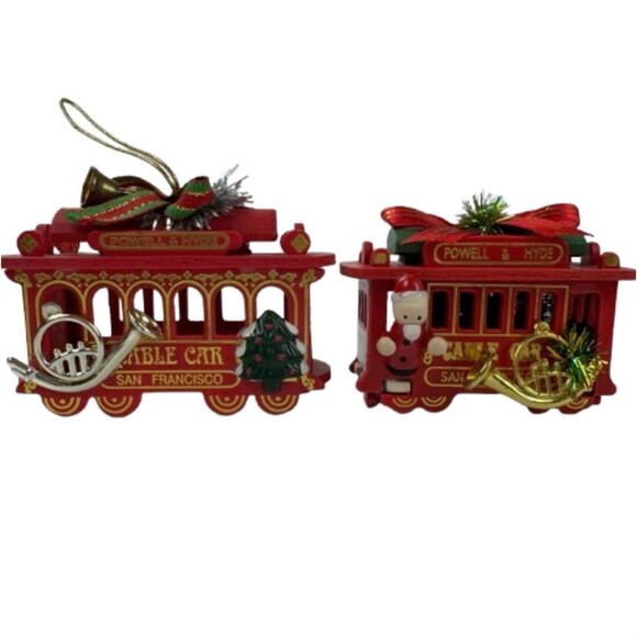 Vintage Powell & Hyde Set of San Francisco Cable Car Ornaments Wooden Christmas - Picture 1 of 16